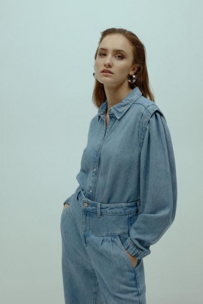 Homage Flowy Denim Blouse Mid Blue